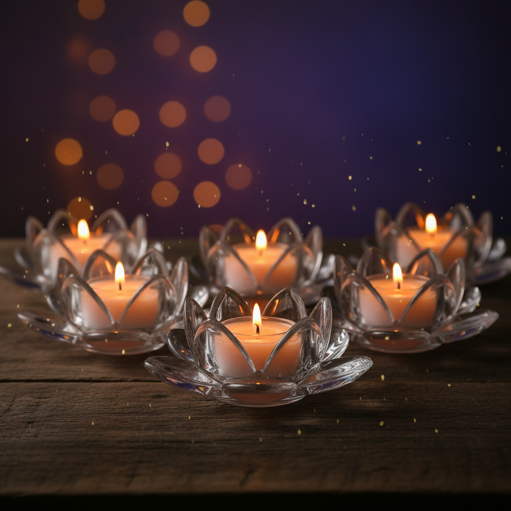 Glass Lotus Flower Tea Light Candle Holder Set
